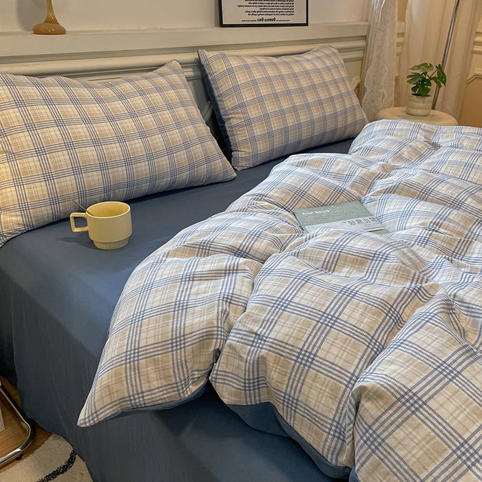 91家纺网 家纺一手货源 找家纺 盛秋家纺 2025新款水洗棉格子系列四件套 博克+蓝灰