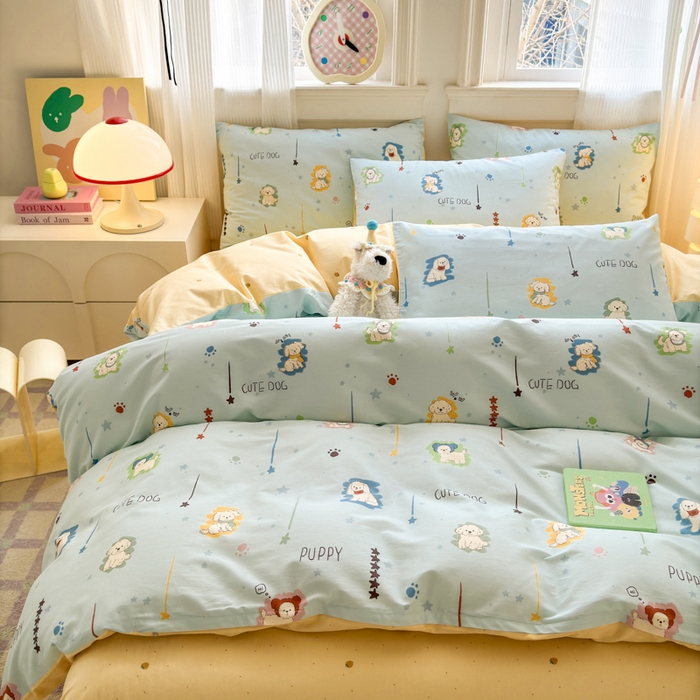 91家纺网 家纺一手货源 找家纺 清雅福 2025全棉13372小清新四件套和单被套早春系列第二批--四件套 旺柴犬·蓝