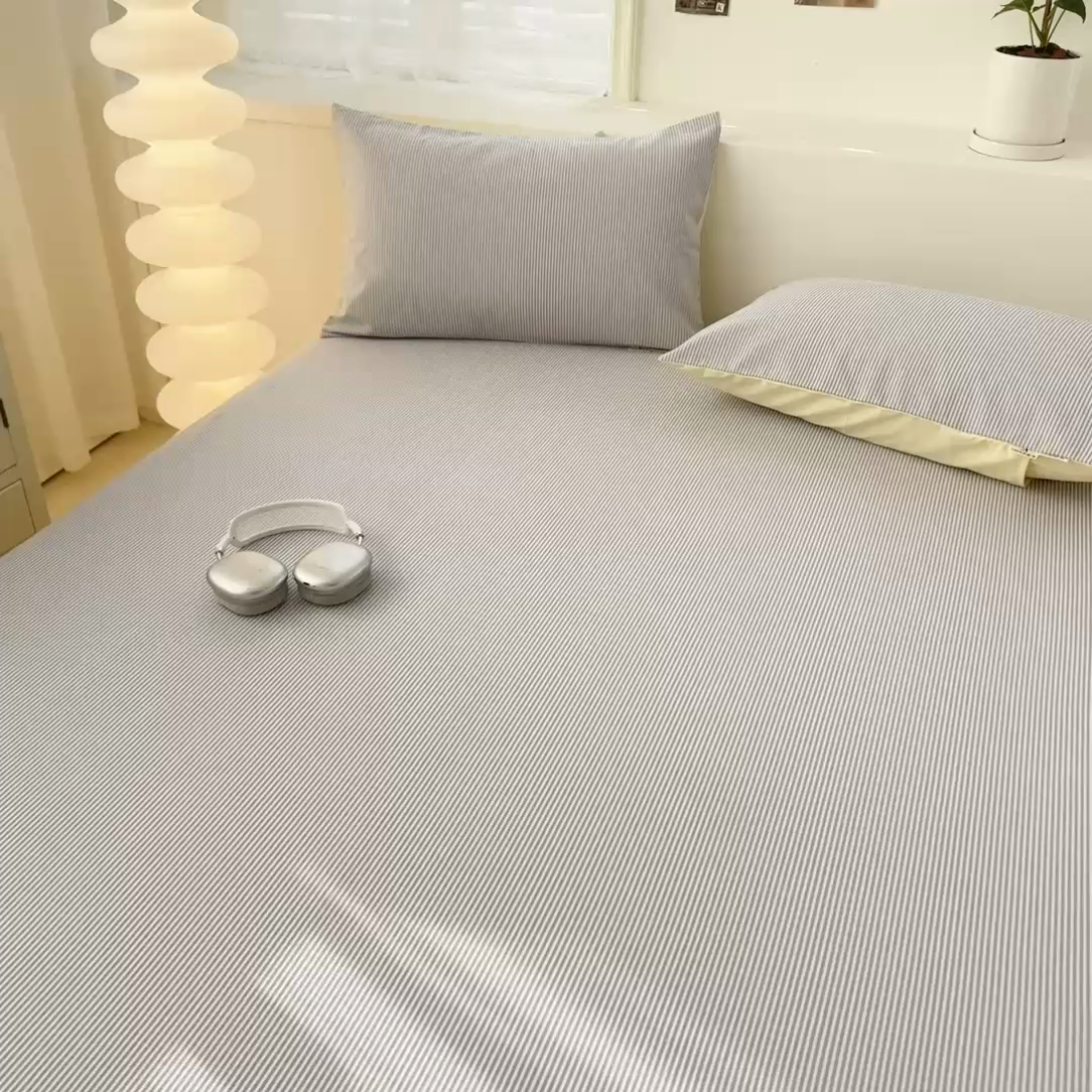 91家纺网 家纺一手货源 找家纺 眠博士2025新款全棉老粗布床笠 老粗布床笠-细条灰