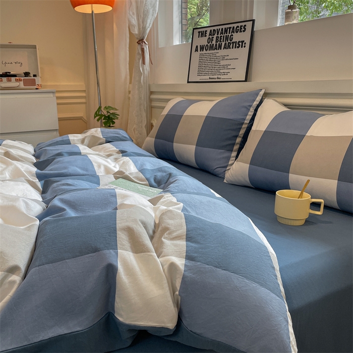 91家纺网 家纺一手货源 找家纺 盛秋家纺 2025新款水洗棉格子系列四件套 蓝大格+宾利蓝