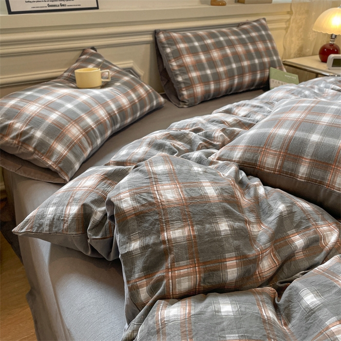 91家纺网 家纺一手货源 找家纺 盛秋家纺 2025新款水洗棉格子系列四件套 洛卡+中灰