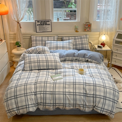 91家纺网 家纺一手货源 找家纺 盛秋家纺 2025新款水洗棉格子系列四件套蓝调+海清