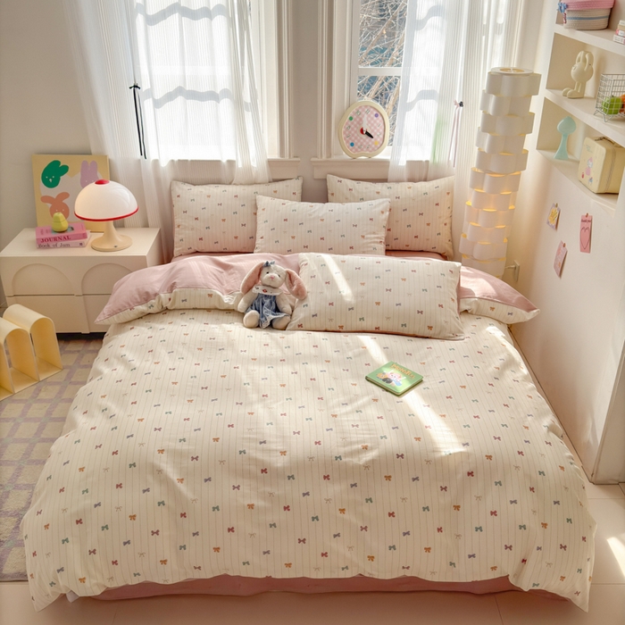 91家纺网 家纺一手货源 找家纺 清雅福 2025全棉13372小清新四件套和单被套早春系列第二批--四件套 糖果蝴蝶结