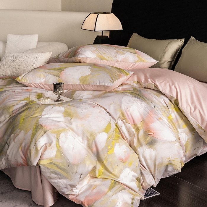 91家纺网 家纺一手货源 找家纺 立奥被业 2025新款60S数码印花四件套四件套 郁金香粉