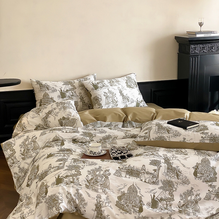 91家纺网 家纺一手货源 找家纺 赫帛 2025新款赫本猫联名系列四件套-南法庄园 南法庄园-复古绿