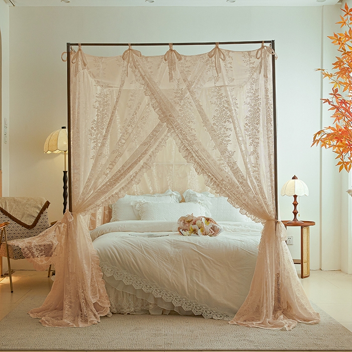 91家纺网 家纺一手货源 找家纺 2025新款浪漫落地蕾丝花边蚊帐905提花系带系列 905玫瑰庄园-奶油玉