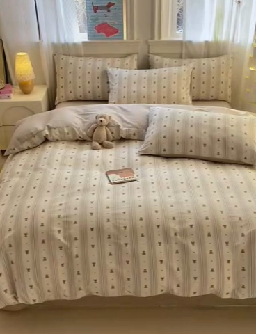 91家纺网 家纺一手货源 找家纺 清雅福 2025全棉13372小清新四件套和单被套早春系列第二批--四件套 北欧熊