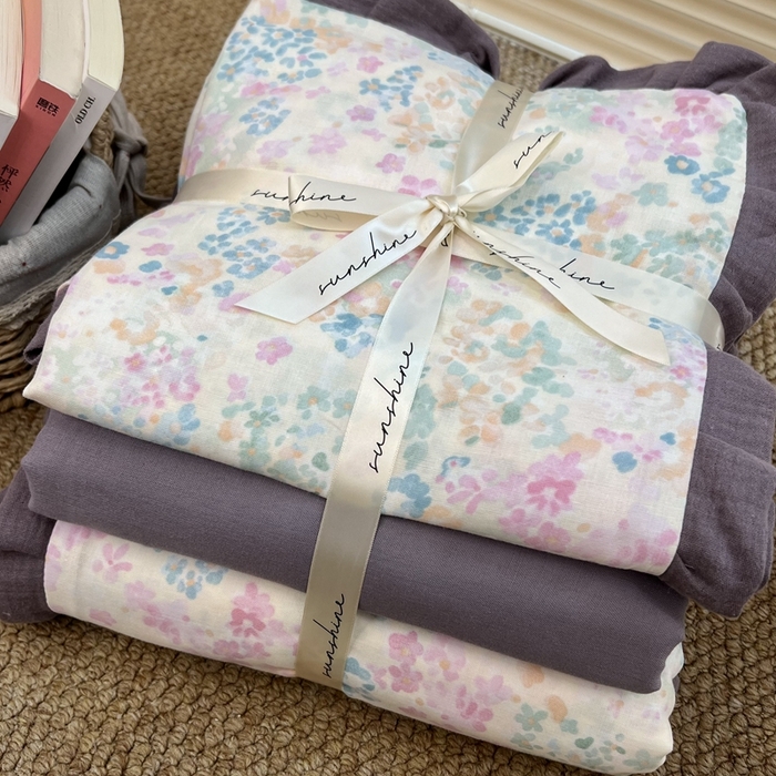 91家纺网 家纺一手货源 找家纺 荣轩 2024新款全棉印花双层纱四件套 皱皱纱花边款 羽落兰鸢