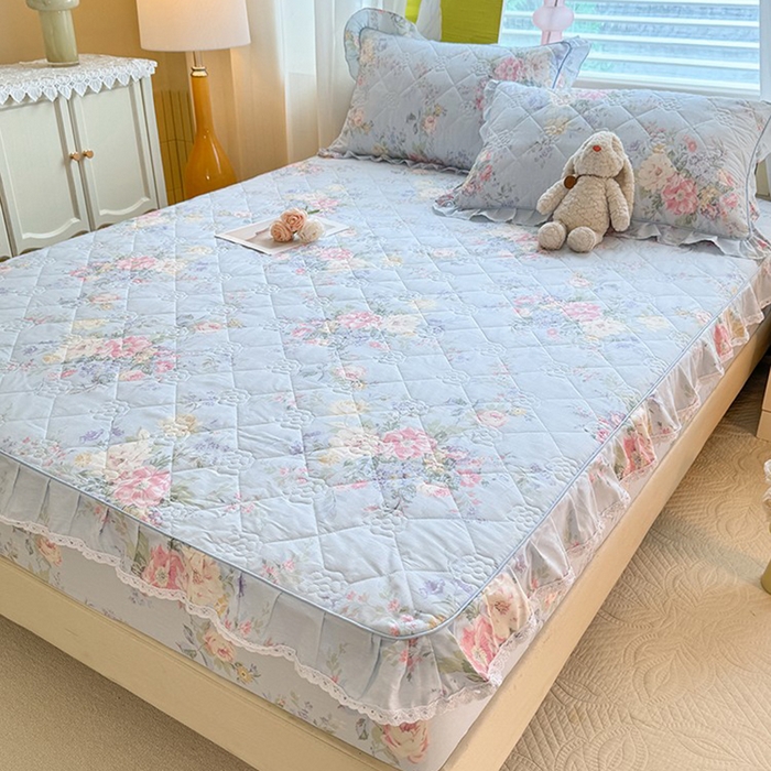 91家纺网 家纺一手货源 找家纺 美达家纺 2025新款全棉印花夹棉床笠 栀夏海棠-蓝