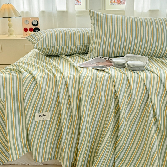 91家纺网 家纺一手货源 找家纺 眠博士2025新款全棉双层纱单枕套  双层纱枕套-黄绿条