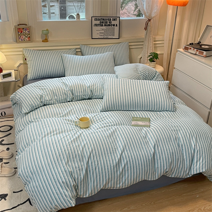 91家纺网 家纺一手货源 找家纺 盛秋家纺 2025新款水洗棉格子系列四件套莫拉绿+海清