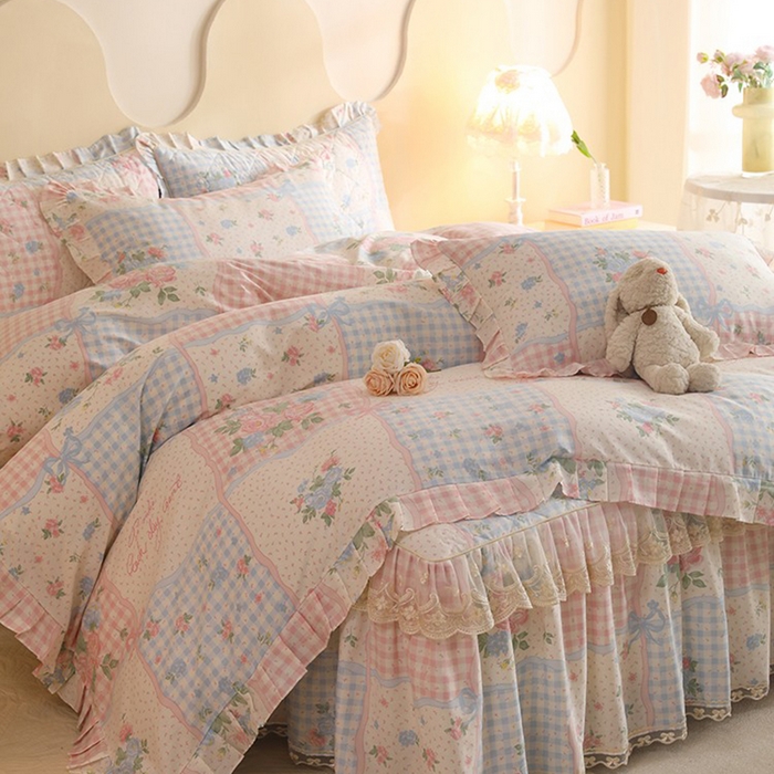 91家纺网 家纺一手货源 找家纺 美达家纺 2025新款全棉印花床裙四件套 悦动心妍