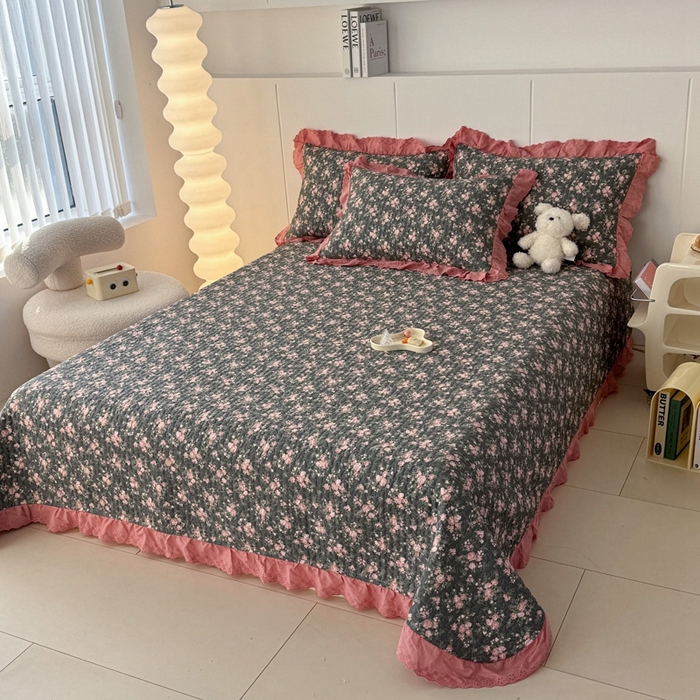 91家纺网 家纺一手货源 找家纺 添越 2024新款纯棉砂洗床盖暗香玫瑰