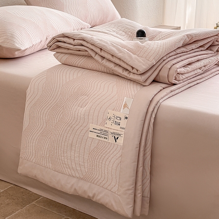 一加一家纺2025新款A类全棉三层纱色织提花大豆夏被四件套 波纹--粉