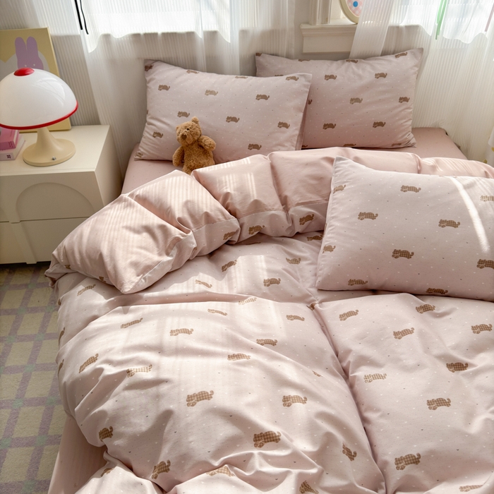 91家纺网 家纺一手货源 找家纺 清雅福 2025全棉13372小清新四件套和单被套早春系列第二批--四件套 喵小喵·咖