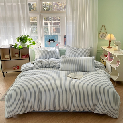 眠博士2025新款全棉双层纱 四件套 双层纱-白蓝条