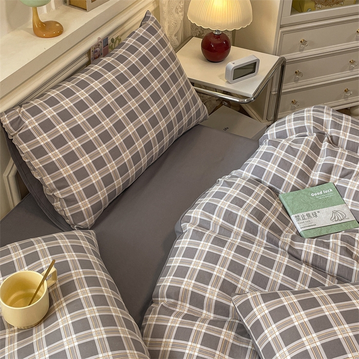 91家纺网 家纺一手货源 找家纺 盛秋家纺 2025新款水洗棉格子系列四件套 保罗+中灰
