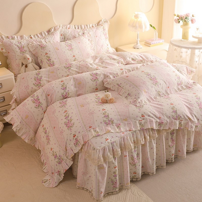 91家纺网 家纺一手货源 找家纺 美达家纺 2025新款全棉印花床裙四件套 少女心结