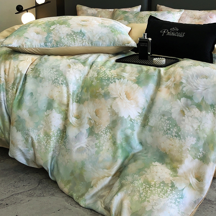 91家纺网 家纺一手货源 找家纺 立奥被业 2025年新款100%兰精天丝四件套天丝数码印花四件套 蜜合金