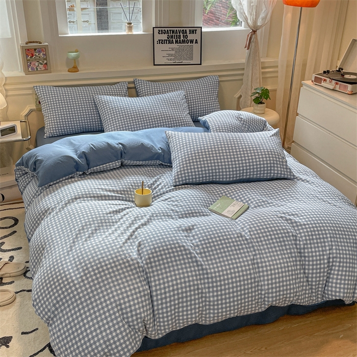 91家纺网 家纺一手货源 找家纺 盛秋家纺 2025新款水洗棉格子系列四件套 蓝小格+蓝灰