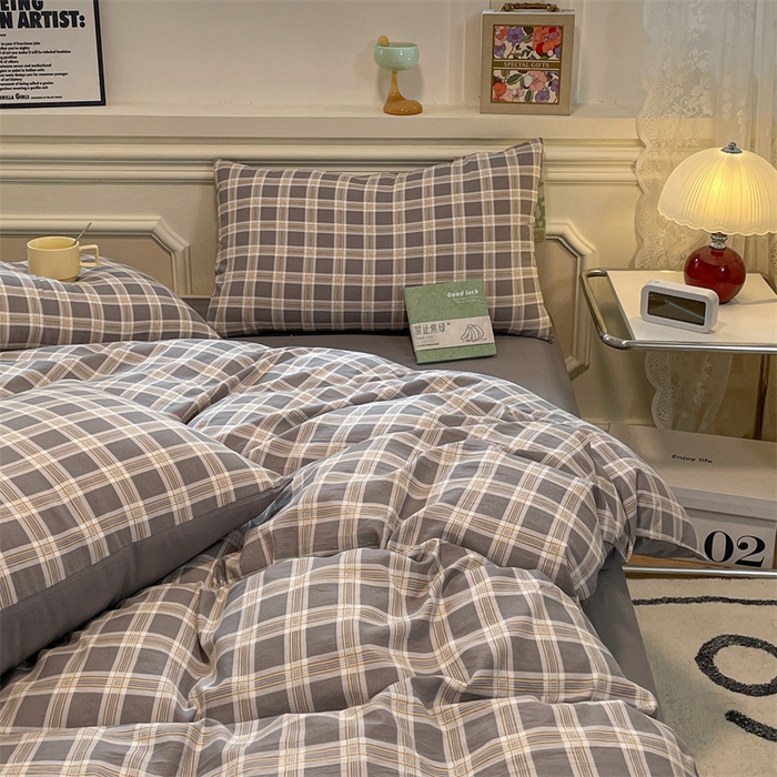 91家纺网 家纺一手货源 找家纺 盛秋家纺 2025新款水洗棉格子系列四件套 保罗+中灰