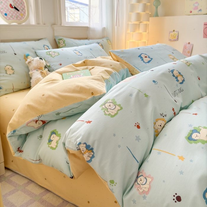 91家纺网 家纺一手货源 找家纺 清雅福 2025全棉13372小清新四件套和单被套早春系列第二批--单枕套 旺柴犬·蓝