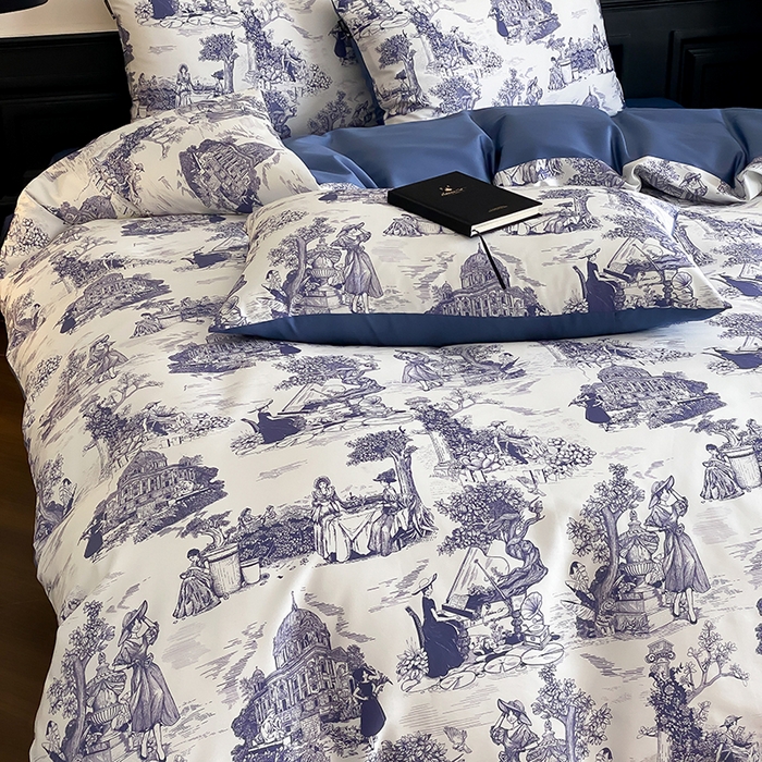 91家纺网 家纺一手货源 找家纺 赫帛 2025新款赫本猫联名系列四件套-南法庄园 南法庄园-复古蓝