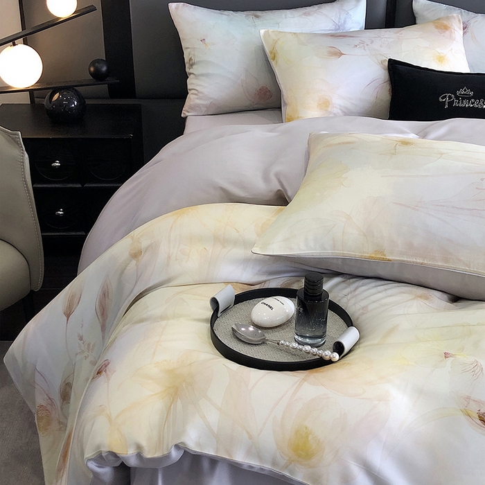 91家纺网 家纺一手货源 找家纺 立奥被业 2025年新款100%兰精天丝四件套天丝数码印花四件套 水仙灰