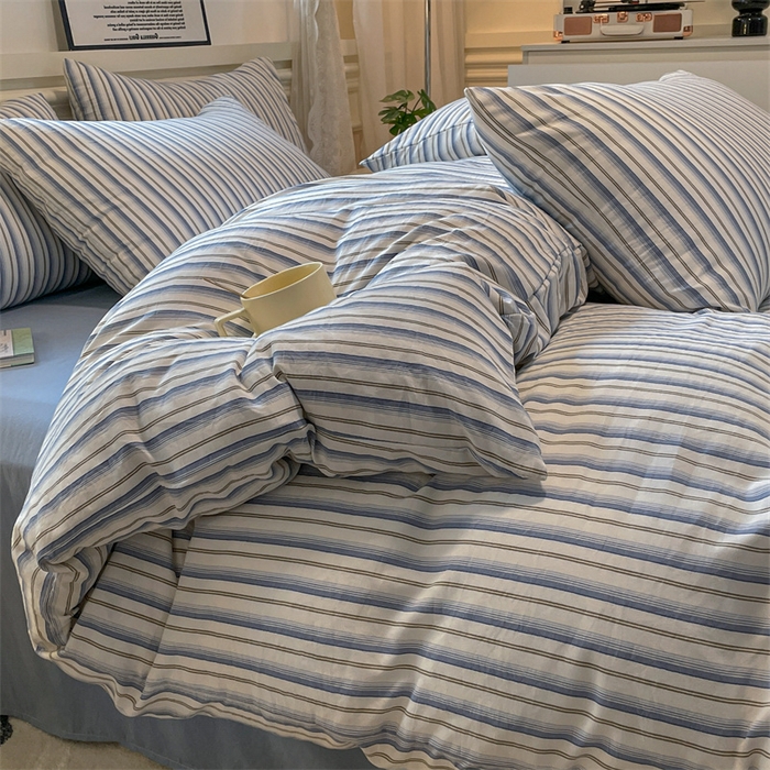 91家纺网 家纺一手货源 找家纺 盛秋家纺 2025新款水洗棉格子系列四件套灰苏条+蓝灰