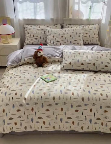 91家纺网 家纺一手货源 找家纺 清雅福 2025全棉13372小清新四件套和单被套早春系列第二批--四件套 鱼多多