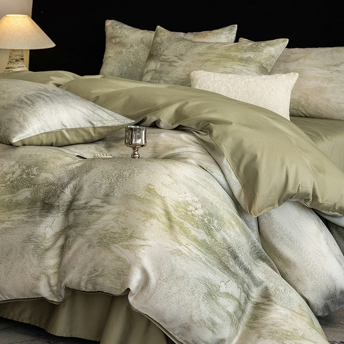 91家纺网 家纺一手货源 找家纺 立奥被业 2025新款60S数码印花四件套四件套 墨屿-绿