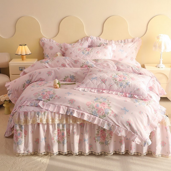 91家纺网 家纺一手货源 找家纺 美达家纺 2025新款全棉印花床裙四件套 夏花依旧