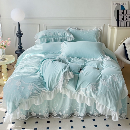 91家纺网 家纺一手货源 找家纺 睡美人  2025新款韩版全锦棉糯糯棉蕾丝款公主风双层花边四件套 花舞-嫩芽绿