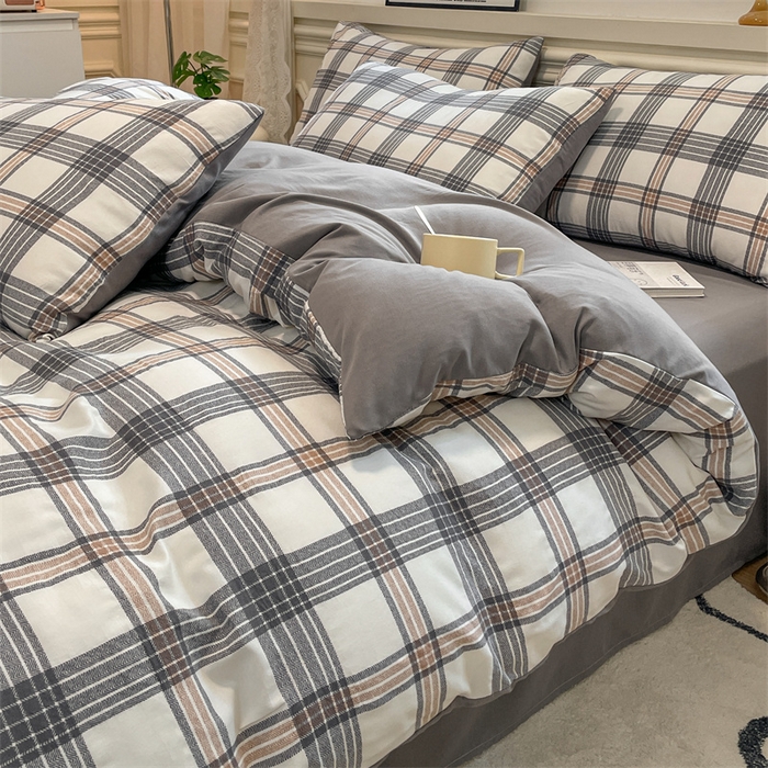 91家纺网 家纺一手货源 找家纺 盛秋家纺 2025新款水洗棉格子系列四件套瑞克+中灰