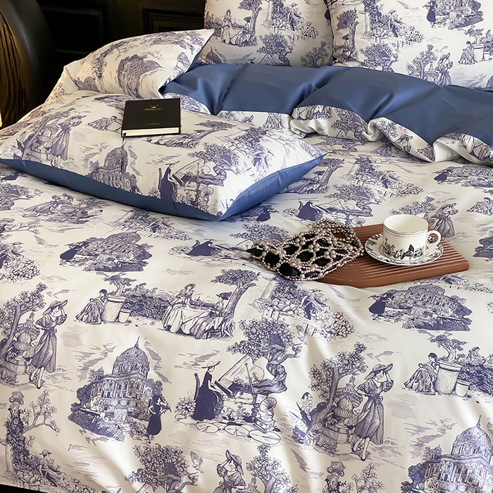 91家纺网 家纺一手货源 找家纺 赫帛 2025新款赫本猫联名系列四件套-南法庄园 南法庄园-复古蓝