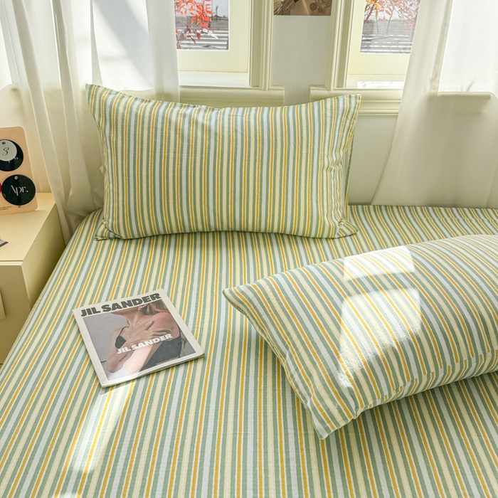 91家纺网 家纺一手货源 找家纺 眠博士2025新款全棉双层纱单枕套  双层纱枕套-黄绿条