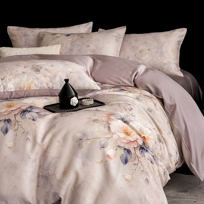 91家纺网 家纺一手货源 找家纺 立奥被业 2025年新款100%兰精天丝四件套天丝数码印花四件套 忆江南-紫