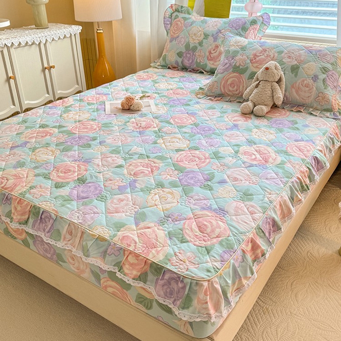 91家纺网 家纺一手货源 找家纺 美达家纺 2025新款全棉印花夹棉床笠 花幽兰-绿