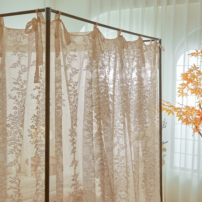 91家纺网 家纺一手货源 找家纺 2025新款浪漫落地蕾丝花边蚊帐905提花系带系列 905玫瑰庄园-奶油玉