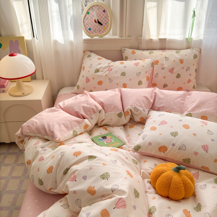 91家纺网 家纺一手货源 找家纺 清雅福 2025全棉13372小清新四件套和单被套早春系列第二批--四件套 南瓜佳人