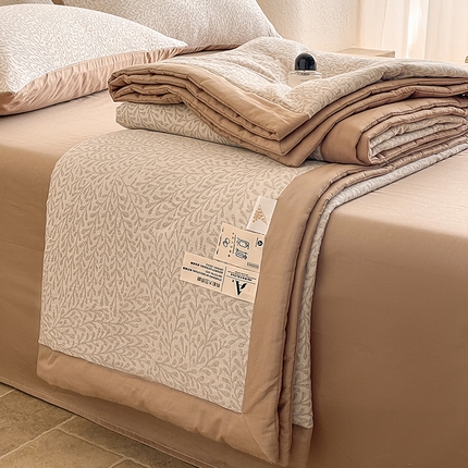 一加一家纺2025新款A类全棉三层纱色织提花大豆夏被四件套 叶茂--咖