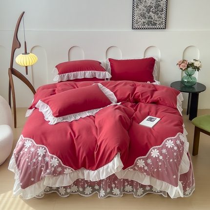 91家纺网 家纺一手货源 找家纺 睡美人  2025新款韩版全锦棉糯糯棉蕾丝款公主风双层花边四件套 花舞-胭脂红