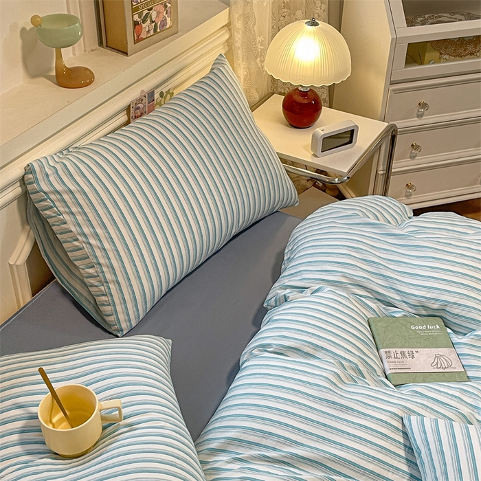 91家纺网 家纺一手货源 找家纺 盛秋家纺 2025新款水洗棉格子系列四件套莫拉绿+海清