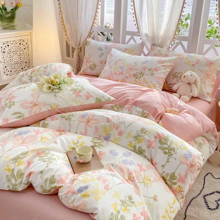 91家纺网 家纺一手货源 找家纺 帅露家纺 2025开春新品全棉喷气13070小清新印花纯棉全棉四件套 浮春绘