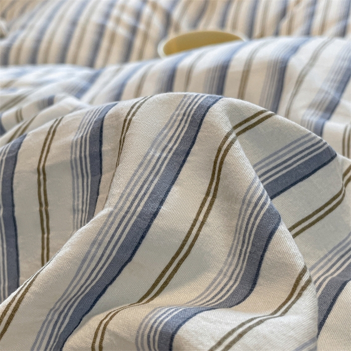 91家纺网 家纺一手货源 找家纺 盛秋家纺 2025新款水洗棉格子系列四件套灰苏条+蓝灰