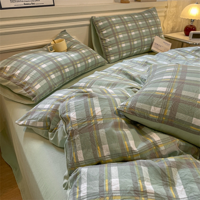 91家纺网 家纺一手货源 找家纺 盛秋家纺 2025新款水洗棉格子系列四件套 伯曼+灰绿