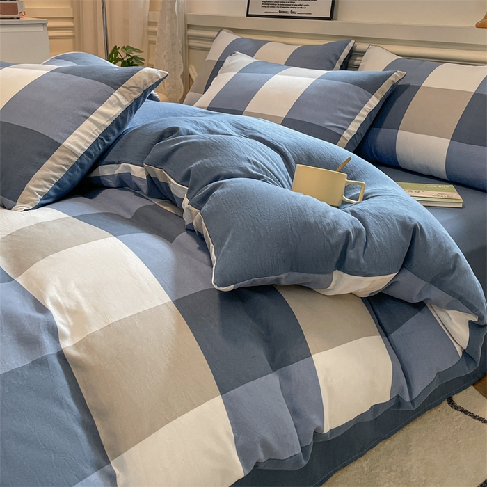 91家纺网 家纺一手货源 找家纺 盛秋家纺 2025新款水洗棉格子系列四件套 蓝大格+宾利蓝