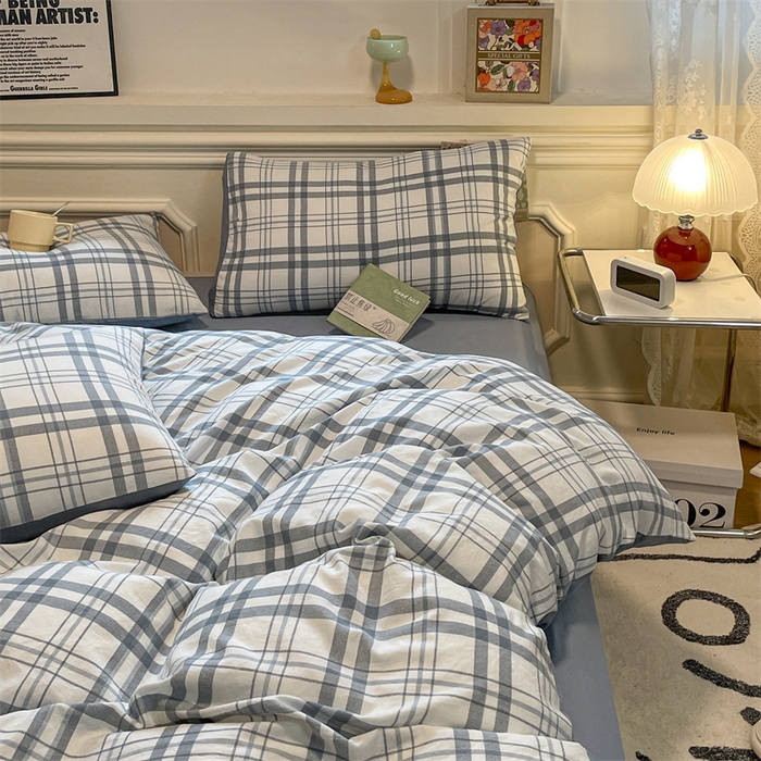 91家纺网 家纺一手货源 找家纺 盛秋家纺 2025新款水洗棉格子系列四件套 简约+海清