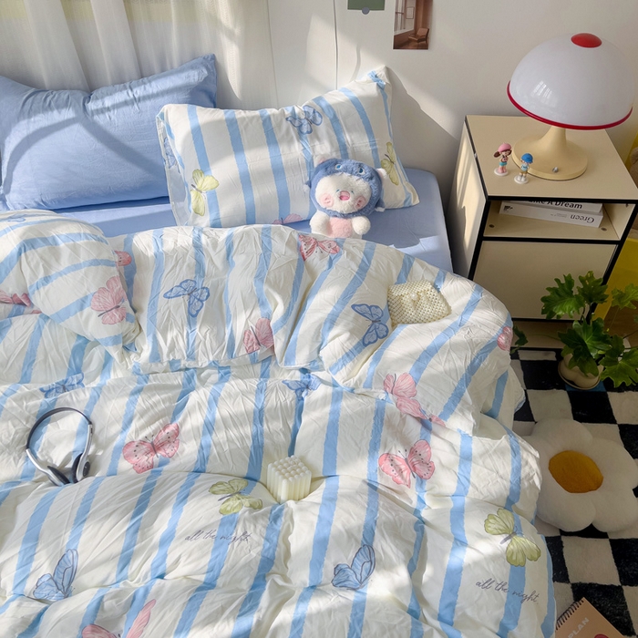 91家纺网 家纺一手货源 找家纺 仟人梦 2025新款水洗棉印花四件套 蝶舞轻盈