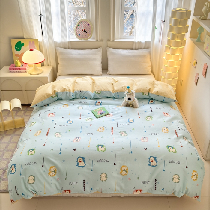 91家纺网 家纺一手货源 找家纺 清雅福 2025全棉13372小清新四件套和单被套早春系列第二批--单被套 旺柴犬·蓝